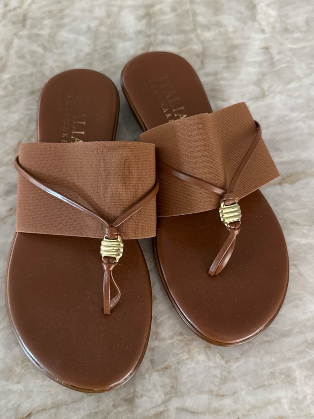 Italian Shoemakers Brown Elastic-Band Thong Sandals with Gold Accent